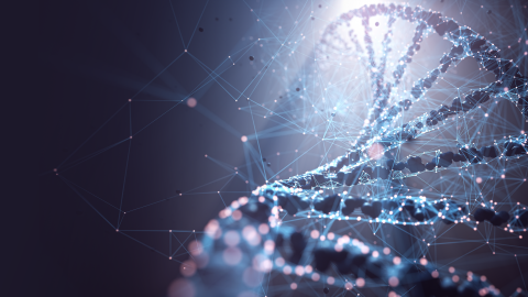 Blue, purple, and pink abstract helix image with backlighting